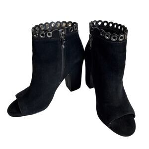 Fergie Women 6. 5 Bootie Jackie Ankle Moto Black Suede Peep toe Metal Accent Zip